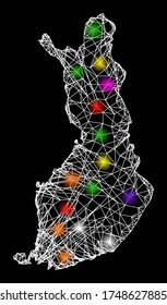Web mesh vector map of Finland with flare effect on a black background. Abstract lines, light spots and spheric points form map of Finland constellation.