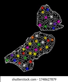 Web mesh vector map of Flevoland Province with glare effect on a black background. Abstract lines, light spots and dots form map of Flevoland Province constellation.