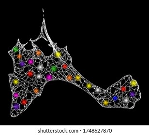 Web mesh vector map of Formentera Island with glare effect on a black background. Abstract lines, light spots and spheric points form map of Formentera Island constellation.