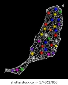 Web mesh vector map of Fuerteventura Island with glare effect on a black background. Abstract lines, light spots and dots form map of Fuerteventura Island constellation.