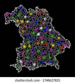 Web mesh vector map of Germany with glare effect on a black background. Abstract lines, light spots and spheric points form map of Germany constellation.