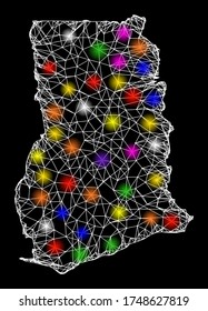 Web mesh vector map of Ghana with glow effect on a black background. Abstract lines, light spots and points form map of Ghana constellation.