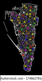 Web mesh vector map of Gibraltar with glitter effect on a black background. Abstract lines, light spots and small circles form map of Gibraltar constellation.