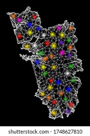 Web mesh vector map of Goa State with glare effect on a black background. Abstract lines, light spots and circle dots form map of Goa State constellation.