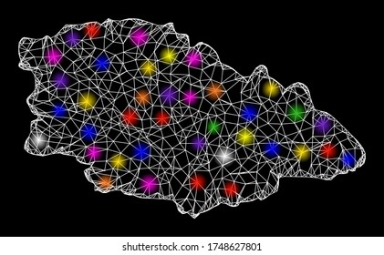 Web mesh vector map of Gozo Island with glare effect on a black background. Abstract lines, light spots and spheric points form map of Gozo Island constellation.