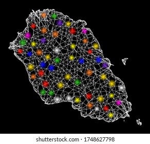 Web mesh vector map of Graciosa Island with glow effect on a black background. Abstract lines, light spots and points form map of Graciosa Island constellation.