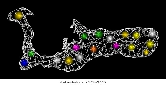Web mesh vector map of Grand Cayman Island with glare effect on a black background. Abstract lines, light spots and small circles form map of Grand Cayman Island constellation.