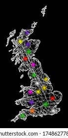 Web mesh vector map of Great Britain with glare effect on a black background. Abstract lines, light spots and spheric points form map of Great Britain constellation.