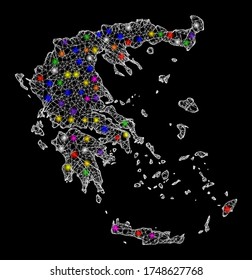 Web mesh vector map of Greece with glare effect on a black background. Abstract lines, light spots and circle dots form map of Greece constellation.