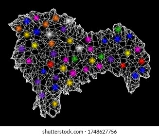 Web mesh vector map of Guadalajara Province with glare effect on a black background. Abstract lines, light spots and circle dots form map of Guadalajara Province constellation.