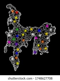 Web mesh vector map of Hamilton Island with glare effect on a black background. Abstract lines, light spots and spheric points form map of Hamilton Island constellation.