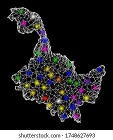 Web mesh vector map of Heilongjiang Province with glare effect on a black background. Abstract lines, light spots and circle dots form map of Heilongjiang Province constellation.