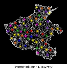 Web mesh vector map of Henan Province with glare effect on a black background. Abstract lines, light spots and spheric points form map of Henan Province constellation.