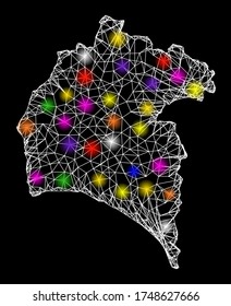 Web mesh vector map of Huelva Province with glare effect on a black background. Abstract lines, light spots and small circles form map of Huelva Province constellation.