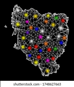 Web mesh vector map of Hueska Province with glare effect on a black background. Abstract lines, light spots and dots form map of Hueska Province constellation.