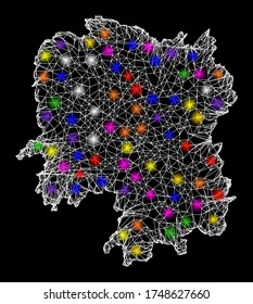 Web mesh vector map of Hunan Province with glare effect on a black background. Abstract lines, light spots and dots form map of Hunan Province constellation.