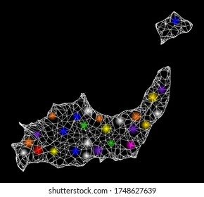 Web mesh vector map of Inagua Islands with glare effect on a black background. Abstract lines, light spots and small circles form map of Inagua Islands constellation.