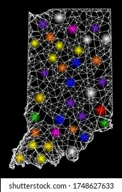 Web mesh vector map of Indiana State with glare effect on a black background. Abstract lines, light spots and small circles form map of Indiana State constellation.