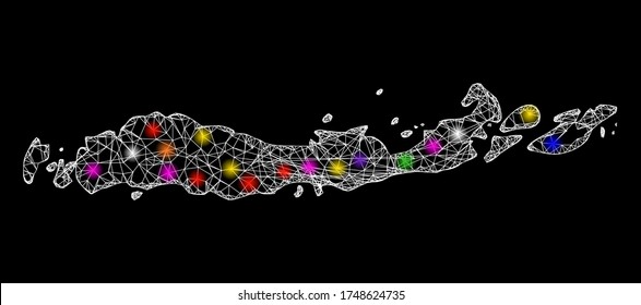 Web mesh vector map of Indonesia - Flores Islands with glare effect on a black background. Abstract lines, light spots and dots form map of Indonesia - Flores Islands constellation.
