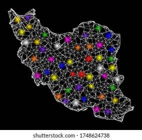 Web mesh vector map of Iran with glare effect on a black background. Abstract lines, light spots and points form map of Iran constellation.