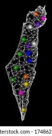Web mesh vector map of Israel with glare effect on a black background. Abstract lines, light spots and small circles form map of Israel constellation.