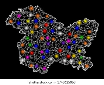 Web mesh vector map of Jammu and Kashmir State with glare effect on a black background. Abstract lines, light spots and small circles form map of Jammu and Kashmir State constellation.