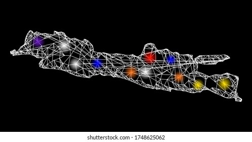 Web mesh vector map of Java Island with glare effect on a black background. Abstract lines, light spots and dots form map of Java Island constellation.