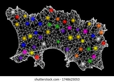 Web mesh vector map of Jersey Island with glare effect on a black background. Abstract lines, light spots and circle dots form map of Jersey Island constellation.