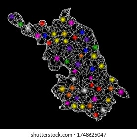 Web mesh vector Map of Jiangsu Province with glare effect on a black background. Abstract lines, light spots and small circles form Map of Jiangsu Province constellation.