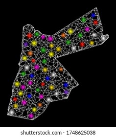 Web mesh vector map of Jordan with glare effect on a black background. Abstract lines, light spots and spheric points form map of Jordan constellation.
