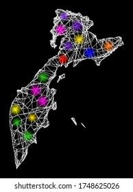 Web mesh vector map of Kamchatka Peninsula with glare effect on a black background. Abstract lines, light spots and dots form map of Kamchatka Peninsula constellation.