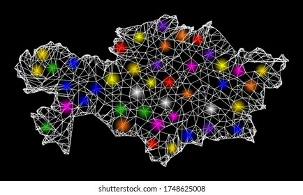 Web mesh vector map of Kazakhstan with glare effect on a black background. Abstract lines, light spots and points form map of Kazakhstan constellation.