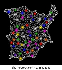 Web mesh vector map of Koh Samui with glare effect on a black background. Abstract lines, light spots and small circles form map of Koh Samui constellation.