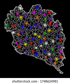 Web mesh vector map of Koh Phangan with glare effect on a black background. Abstract lines, light spots and spheric points form map of Koh Phangan constellation.