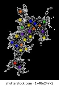 Web mesh vector map of Komodo Island with glare effect on a black background. Abstract lines, light spots and dots form map of Komodo Island constellation.