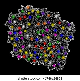 Web mesh vector map of Kujawy-Pomerania Province with glare effect on a black background. Abstract lines, light spots and circle dots form map of Kujawy-Pomerania Province constellation.