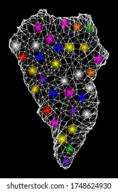 Web mesh vector map of La Palma Island with glare effect on a black background. Abstract lines, light spots and points form map of La Palma Island constellation.