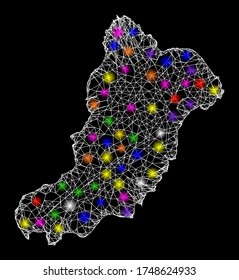 Web mesh vector map of La Graciosa Island with flare effect on a black background. Abstract lines, light spots and points form map of La Graciosa Island constellation.