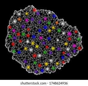 Web mesh vector map of La Gomera Island with glow effect on a black background. Abstract lines, light spots and circle dots form map of La Gomera Island constellation.