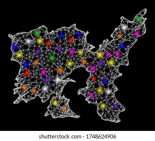 Web mesh vector map of Lemnos Island with glare effect on a black background. Abstract lines, light spots and small circles form map of Lemnos Island constellation.