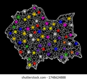 Web mesh vector map of Lesser Poland Province with glare effect on a black background. Abstract lines, light spots and points form map of Lesser Poland Province constellation.