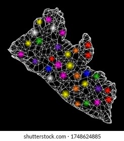 Web mesh vector map of Liberia with glow effect on a black background. Abstract lines, light spots and dots form map of Liberia constellation.