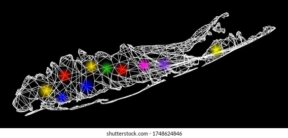 Web mesh vector map of Long Island with glitter effect on a black background. Abstract lines, light spots and circle dots form map of Long Island constellation.