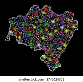 Web mesh vector map of Lower Silesia Province with glow effect on a black background. Abstract lines, light spots and dots form map of Lower Silesia Province constellation.