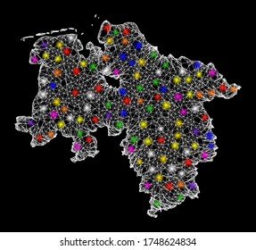 Web mesh vector map of Lower Saxony State with glare effect on a black background. Abstract lines, light spots and spheric points form map of Lower Saxony State constellation.