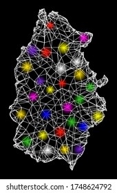 Web mesh vector map of Lugo Province with glow effect on a black background. Abstract lines, light spots and dots form map of Lugo Province constellation.