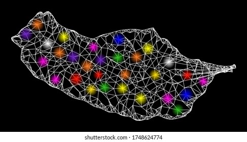 Web mesh vector map of Madeira Island with glare effect on a black background. Abstract lines, light spots and small circles form map of Madeira Island constellation.