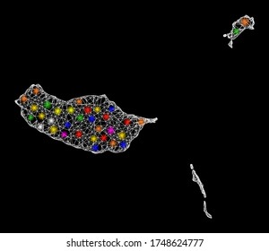 Web mesh vector map of Madeira Islands with glare effect on a black background. Abstract lines, light spots and circle dots form map of Madeira Islands constellation.