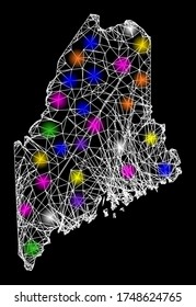 Web mesh vector map of Maine State with flare effect on a black background. Abstract lines, light spots and dots form map of Maine State constellation.