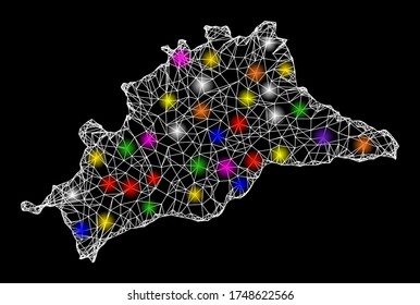 Web mesh vector map of Malaga Province with glow effect on a black background. Abstract lines, light spots and dots form map of Malaga Province constellation.